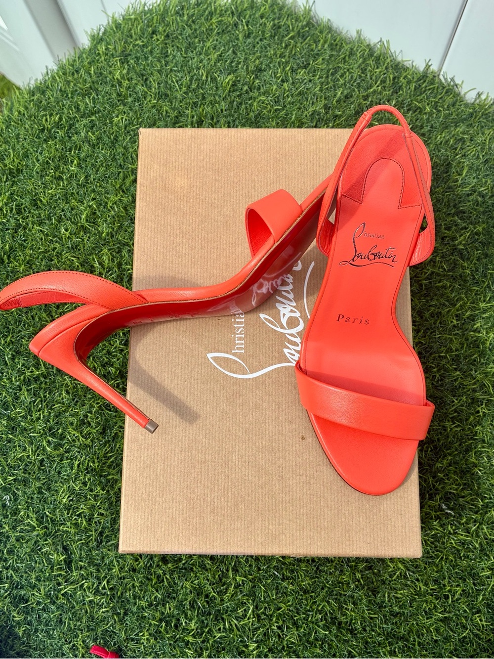CHRISTIAN LOUBOUTIN O MARYLIN ORANGE LEATHER HEELED SLINGBACK SANDALS SZ 35 NEW